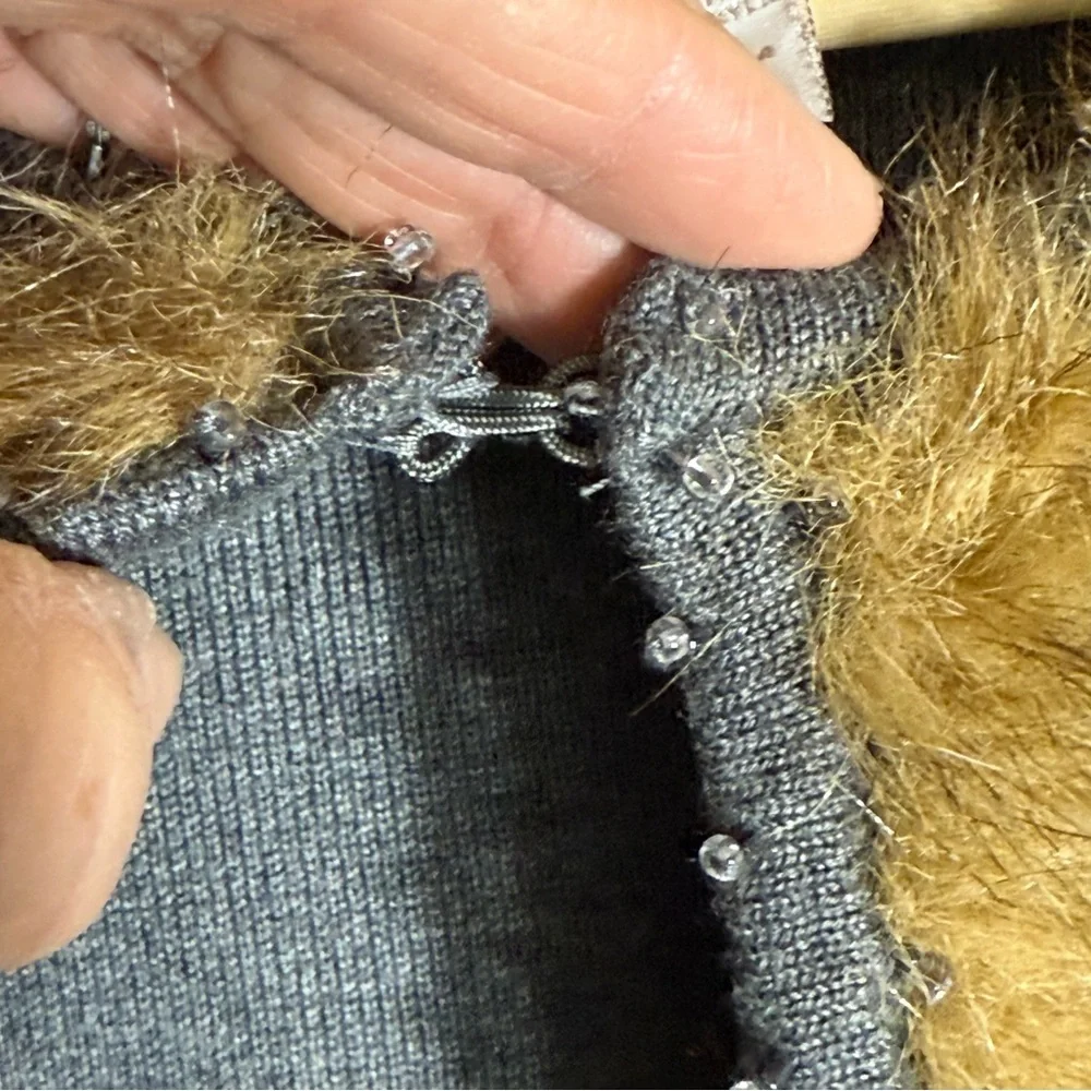 Chico’s Faux Fur Trim Gray Cardigan‎ Sweater Jacket Open Front Size 2 (L/XL)